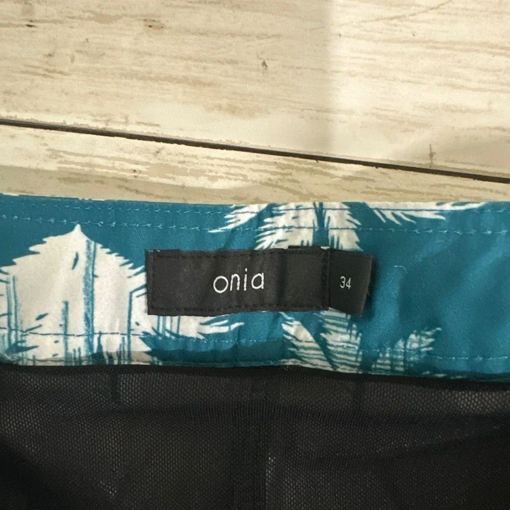 Onia The Calder Mens Teal Palm Tree Swim Trunks Surf Board Shorts Size 34 Resort